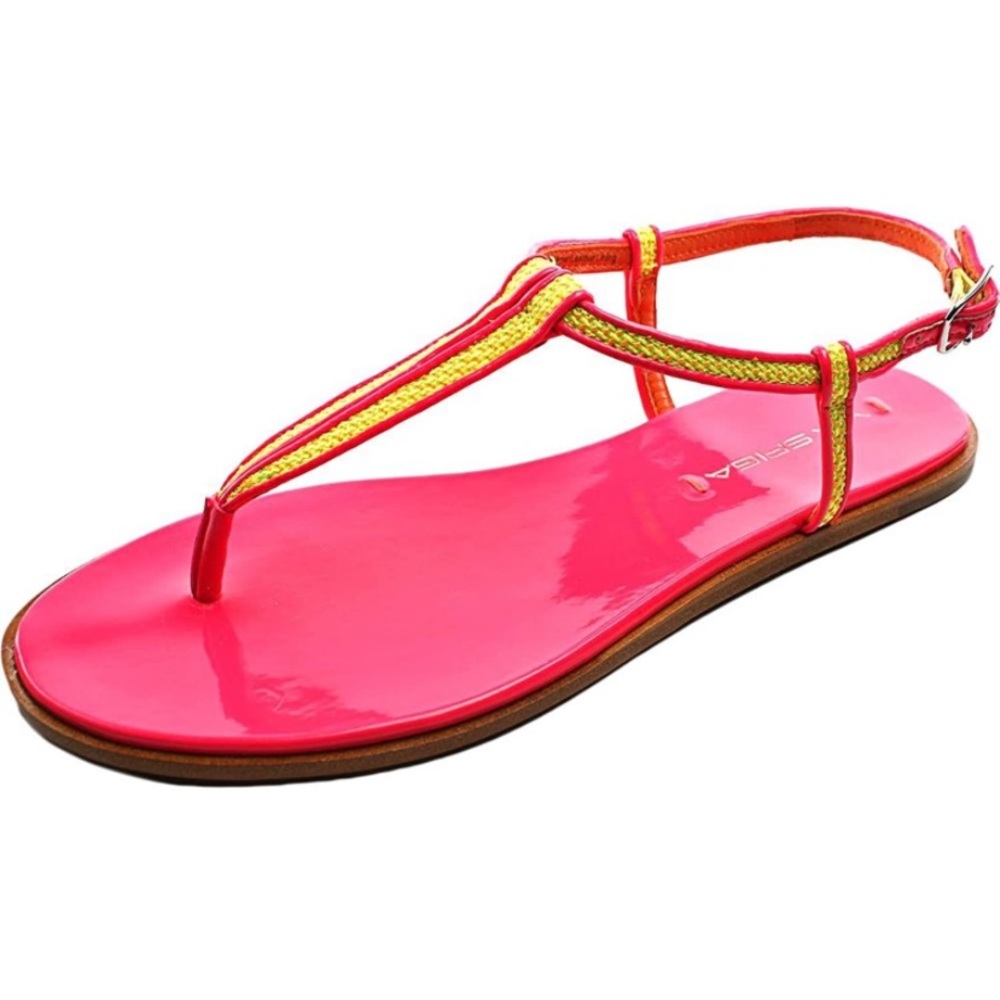 Via Spiga Hot Pink and Yellow Patent Leather T-Strap Sandals